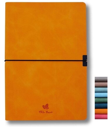 Writing Journal Notebook, College Ruled/Lined, A5, 5.8x8.3&rdquo;, Premium Faux Leather Soft Cover, Fine Thick Paper, Sewn Bound, Inner Pocket, Elastic Closure Band, Pen Loop, Lays Flat, Orange