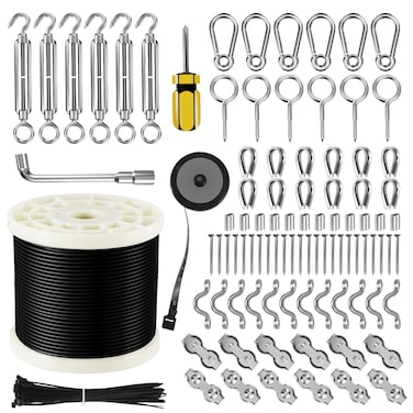 WAYSKA String Light Hanging Kit with 250FT Nylon Coated Stainless Steel 304 Wire Rope Cable Suspension Kit Included Enough Accessories, Turnbuckles and Hooks for Patio, Outdoor and Backyard Lighting