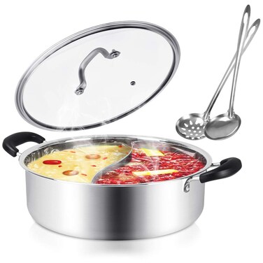 304 Food Grade Stainless Steel Shabu Shabu Hot pot with Divider&amp;Lid for Induction Cooktop Gas Stove Dual Sided Soup Cookware