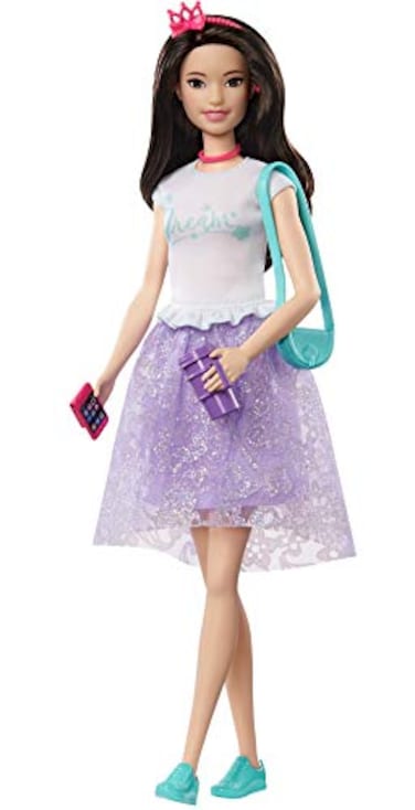 Barbie Princess Adventure Renee Doll (12-inch Brunette) in Fashion and Accessories, with Smart Phone, Purse, Travel Mug and Tiara, Gift for 3 to 7 Year Olds