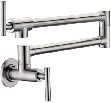 Pot Filler Faucet 2 Handle Wall Mounted Stainless Steel Commercial Kitchen Sink Pot Filler KPF-13012BN Double Joint Stretchable Folding Arm, Brushed Nickel