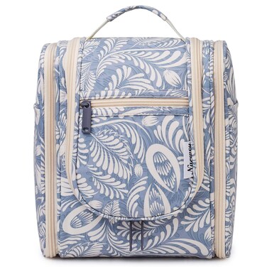 Narwey Small Hanging Toiletry Bag Women Travel Makeup Bag Organizer Toiletries Bag for Travel Size Essentials Accessories Cosmetics (Medium, Blue Leaf)