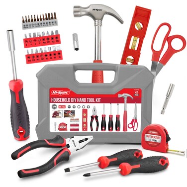 Hi-Spec 42pc Red Household DIY Small Tool Kit. Toolbox Set of Starter Basic Tools Kit for Home &amp; Office