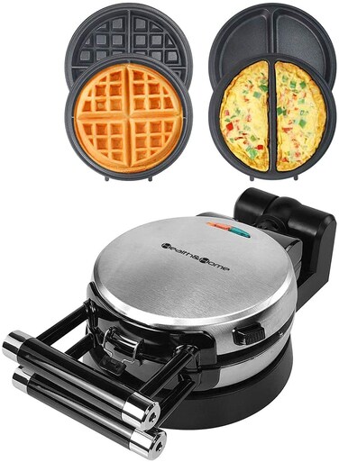 360 Rotating Belgian Multifunction Nonstick Baking Waffle Maker with 2 sets of Interchangeable Belgian Waffle and Omelet Baking plates
