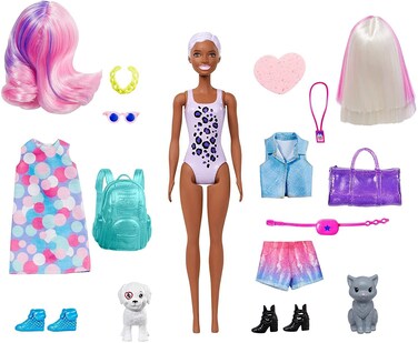 Barbie&reg; Color Reveal&trade; Doll Set with 25 Surprises Including 2 Pets &amp; Day-to-Night Transformation: 15 Mystery Bags Contain Doll Clothes &amp; Accessories for 2 Looks; Water Reveals Look of Metallic Doll
