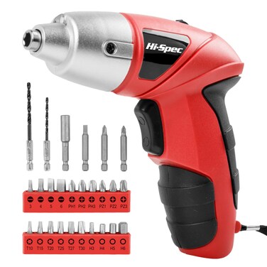 Hi-Spec 27pc 3.6V Red Small Power Electric Screwdriver Set. Cordless &amp; Rechargeable with Driver Bit Set