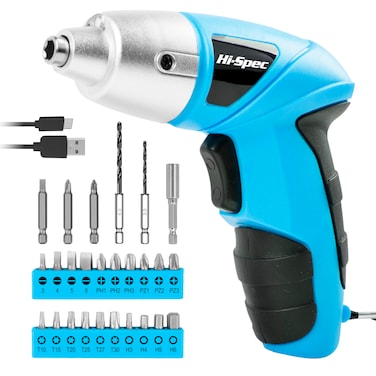 Hi-Spec 27pc 3.6V Blue USB Small Power Electric Screwdriver Set. Cordless &amp; Rechargeable with Driver Bit Set