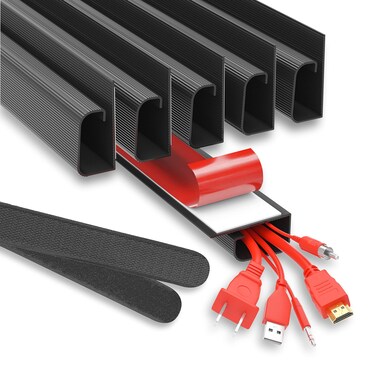 6 Pack Cable Management Under Desk- J Channel Cable Raceway 96in - 6X 16in Black No Screw/No Drill Cord Organizer - Cable Channels for Wire Management Under Desk with Adhesive