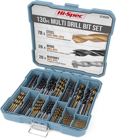 Hi-Spec Drill Bit Set 130pc Multi SAE &ndash; 11 Sizes 1/16in to 3/8in &ndash; HSS Titanium, Masonry &amp; Brad Point Steel Bits &ndash; Drill Bits for Metal, Wood, Plastic, Drywall, Brick &amp; Concrete &ndash; with Tray Case