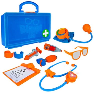 Blippi Doctor Playset - Stethoscope, Glasses, Blood Pressure Arm Band, Toy Syringe, Thermometer, Doctor&rsquo;s Bag, Bandages, Reflex Hammer Shoe, and Clipboard with 5 Activity Sheets - Amazon Exclusive