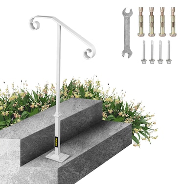 Single Post Handrail White Wrought Iron Post Mount Step Grab Supports Fits 1 or 2 Steps Grab Rail Single Post Railing