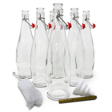 Nevlers 33 Oz Swing Top Glass Bottles   6 PK Teardrop Flip Top Glass Bottle Set w/Brush, Funnel &amp; Marker   Vanilla Extract Bottles   Glass Water Bottles   Syrup Bottles   Wine Bottles