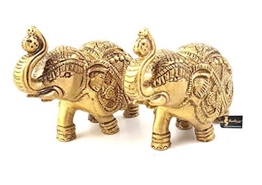 Handmade Ethnic Indian Brass Elephant Pair Decor Showpiece, Housewarming Gifts, Office Decor, Desk Decor, Elephant Gifts, Indian Gifts for Housewarming, Standard, Golden, Pack of 2