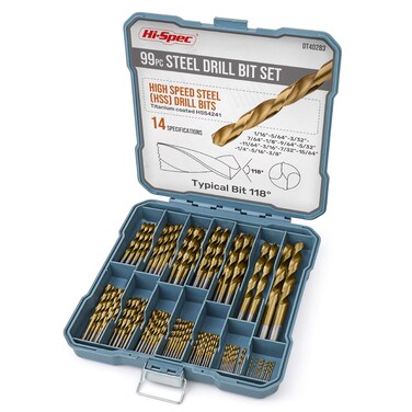 Hi-Spec Drill Bit Set 130pc Multi SAE &ndash; 11 Sizes 1/16in to 3/8in &ndash; HSS Titanium, Masonry &amp; Brad Point Steel Bits &ndash; Drill Bits for Metal, Wood, Plastic, Drywall, Brick &amp; Concrete &ndash; with Tray Case