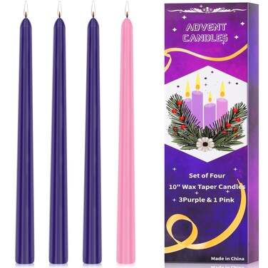 4Pack Christmas Advent Taper Candle, 8 Hour Burn, Unscented, 10 Inch Dripless Taper Candles for Christmas, Party, Church, Celebration, Home D&eacute;cor - 3 Purple &amp; 1 Pink
