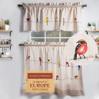 Maison d'Hermine Kitchen Curtains Sets for Windows 100% Cotton Set of Kitchen Curtains Valances for Cafe Home [2 Tiers (28"X36") and 1 Valance (56"X18")] - Easter Decorations (Birdies On Wire)