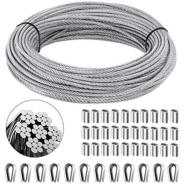 VIGRUE Cable Railing Kits, 1/8 inch Wire Cable Rope T316 Stainless Steel Marin Grade 33 Feet, 30PCS Aluminum Crimp Sleeves and 12PCS Stainless Steel Thimble for Railing, Decking, Picture Hanging