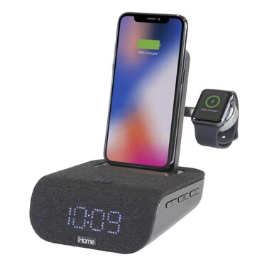iHome TIMEBASE PRO+ Triple Charging Alarm Clock   Qi-Certified Wireless Charging, Apple Watch Charger, Bluetooth Speaker, USB Charging and Battery Backup (Model iWBTW200B)