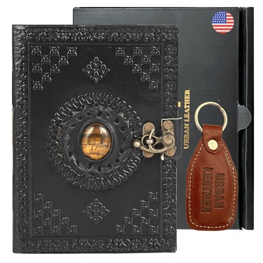URBAN LEATHER Black Tiger Eye Journal, Grimoire Black Book of Shadows Witchcraft Wiccan Spellbook, Unlined
