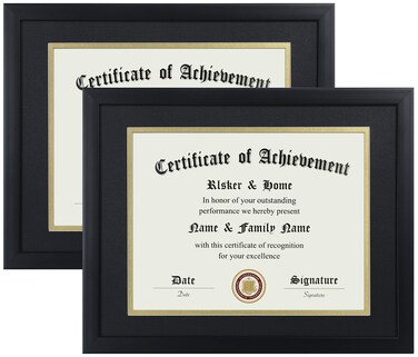ELSKER&amp;HOME 8.5x11 Certificate Frame - Classic Black Color Frame - Displays Diploma 8.5x11 Inch with Mat - 11x14 Inch Without Mat - For Document/Photo(2 Pack, Matte Black with Gold Rim)