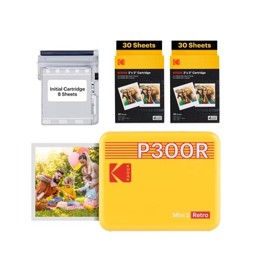 KODAK Mini 3 Retro 4PASS Portable Photo Printer (3x3 inches) Initial 8 Sheets + 60 Sheets Bundle, Yellow