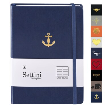 Lined Journal - A5 Vegan Leather Notebook, 192 Archival-Quality Pages, QuillEase Bleed-Free Paper, Inner Pocket &amp; Bookmark, Ideal for Journaling - Navy Anchor