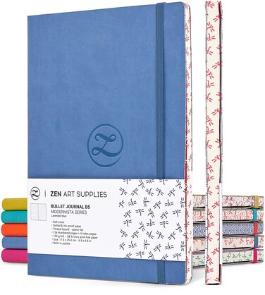 Large B5 Dotted Journal - Enjoy Bullet Journaling with a Soft Cover 7x10-inch, Non-Bleed Thick 120gsm Paper, Dot Journal in Blue, Japanese Edge Motif - Faux Leather Lay Flat Dot Grid Notebook - ZenART