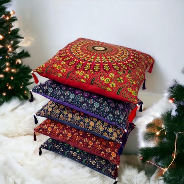 Set Of 5 Boho Throw Pillow Covers (18x18 Inches) &ndash; Colorful Brocade Silk Decorative Cushions For Sofa, Couch, And Bed &ndash; Bohemian, Indian &amp; Moroccan Inspired Home D&eacute;Cor For Living Room