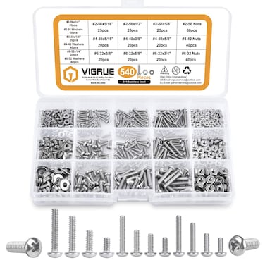 VIGRUE 540PCS #2-56#4-40#6-32 Phillips Pan Head Screws Bolt Nut Flat Washers 304 Stainless Steel Machine Screws Assortment Kit with Wrench and Storage Case (#2-56#4-40#6-32)