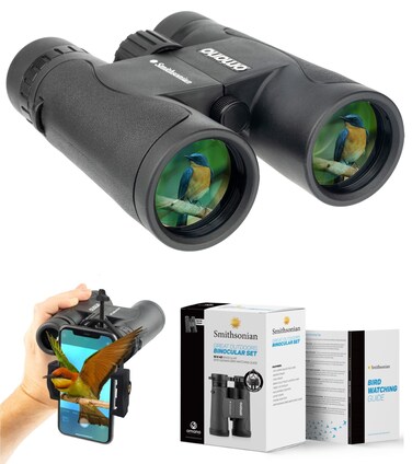 Bird Watching Binoculars for Adults by Smithsonian &ndash; 10x42 Binoculars for Bird Watching, Hiking, Travel &ndash; Birding Binoculars with Phone Adapter, Adjustable Diopter &ndash; Bird Watching Guide Included