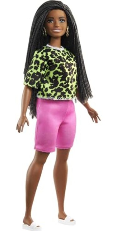 Barbie Fashionistas Doll #144 with Long Brunette Braids Wearing Neon Green Animal-Print Top, Pink Shorts, White Sandals &amp; Earrings, Toy for Kids 3 to 8 Years Old