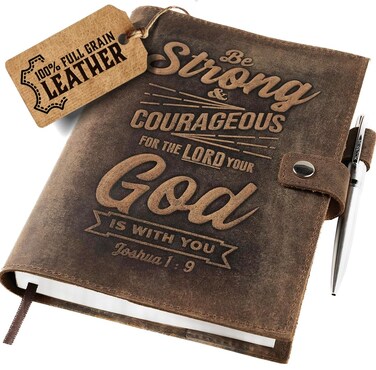 moonster Refillable Leather Journal Joshua 1:9 Bible Verse Embossed Journals with Pen &ndash; Milled A5 Leather Journal Lined Paper - Line Notebooks for Men &ndash; Leather Notebook with Pen Holder - 320 Pages