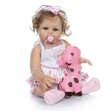 Anano Washable Reborn Baby Girl 18 inch Cute Reborn Baby Dolls Silicone Full Body Blue Eyes Real Look Newborn Dolls Girl Cruly Hair Safety Tested