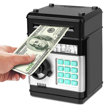 Electronic Piggy Bank, Mini ATM Password Money Bank Cash Coins Saving Box for Kids, Cartoon Safe Bank Box Perfect Toy Gifts for Boys Girls (Black)