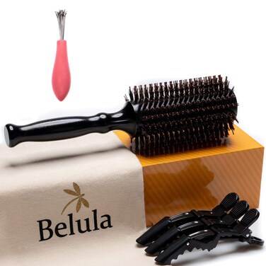 Boar Bristle Round Brush for Blow Out Set by Belula. Round Hair Brush For Blow Drying. Small 2&rdquo; Wooden Barrel. Hairbrush Ideal to Add Volume and Body. Free 3 x Hair Clips &amp; Travel Bag