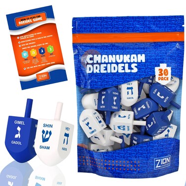 Zion Judaica Blue &amp; White Natural Wood Dreidels with English Translation &amp; Transliteration Bulk Pack Wooden Driedels Spinning Tops with Chanukah Game Card - 30 Pack