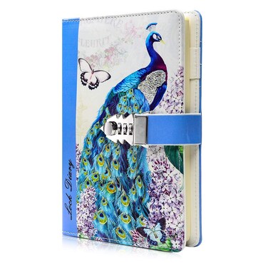ARRLSDB A5 Creative Password Lock Journal PU Leather Combination Lock Diary Digital Password Notebook Locking Journal Diary (Peacock 2)