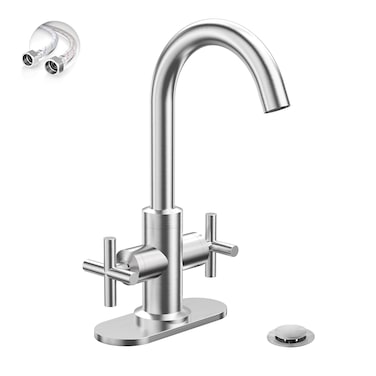 Phiestina Brushed Nickel Bathroom Faucet, 4 Inch Single Hole or 3 Hole Centerset Vanity Faucet with Swivel Spout, Pop Up Drain, Deck Plate and Water Supply Lines, SGF03-10-BN