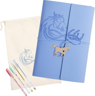 Cantik 7PCS Horse Journal Notebook 130 Sheets (260 Pages) With 4 Colorful Pens, Horse Charm, Muslin Cotton Pouch &amp; Secret Pen Pocket. Refillable Journal Ideal For Writing, Drawing &amp; Scrapbooking.