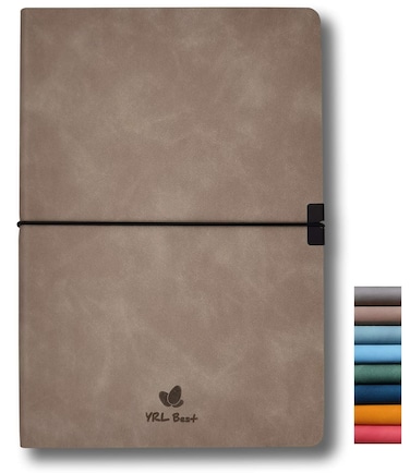 Softcover Bullet Notebook Journal, Dotted/Dot Grid, A5, 5.8x8.3 Inches, Premium Faux Leather, Creamy Thick Paper, Sewn Bound, Elastic Band, Inner Pocket, Pen Loop, Lays Flat, Light Brown