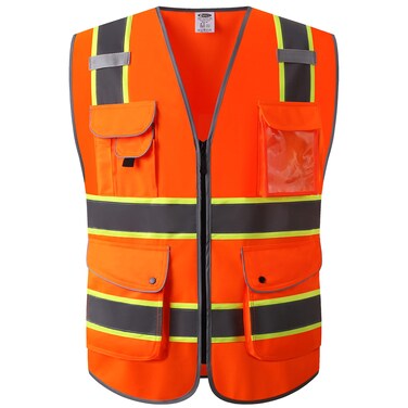 JKSafety 9 Pockets High Visibility Zipper Front Safety Vest   Orange with Dual Tone High Reflective Strips   Meets ANSI/ISEA Standards (901-Orange, Large)
