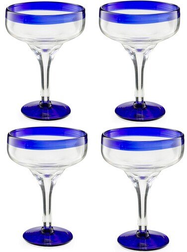 Mexican Hand Blown Glass &ndash; Set of 4 Large 16oz, Cobalt Blue Rim Line, Luxury Margarita &amp; Cocktail Glasses, Mexico Design Large 16oz Cobalt Cinco de Mayo - The Wine Savant, Dishwasher Safe Glassware