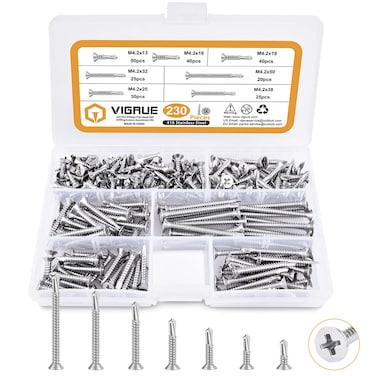 VIGRUE Pack of 230 Self-Tapping Screws, M4.2 Self-Tapping Screws, Self-Tapping Set, Phillips Drilling Screws, Made of 410 Stainless Steel