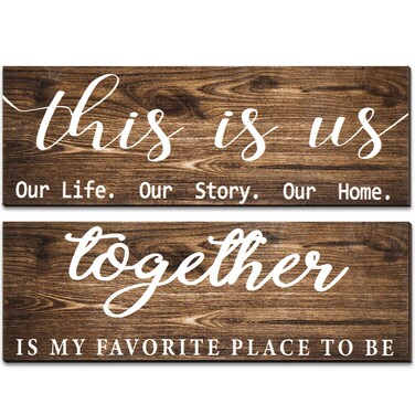 Jetec 2 Pcs This is Us Wall Decor Home Wooden Wall Sign Family Plaques Together Is My Favorite Place To Be Sign Rustic Wood Entryway Plaque for Bedroom Living Room, 4.7 x 13.8 Inch(Brown)