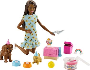 Barbie Doll (11.5-inch Brunette) and Puppy Party Playset with 2 Pet Puppies, Dough, Cake Mold and Accessories, For 3 to 7 Year Olds