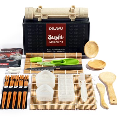 Sushi Making Kit, Delamu Upgrade 22 in 1 Sushi Maker Kit with Bamboo Mats, Chef's Knife, Triangle/Nigiri/Gunkan Sushi Mold, Chopsticks, Guide&amp;More