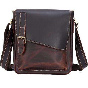 Masa Kawa Leather Messenger Bag Small Crossbody Shoulder Bag for Men Women Flap Over Man Purse Fits 10 Inch Tablet