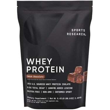 Sports Research Whey Protein - Sports Nutrition Whey Isolate Protein Powder for Lean Muscle Building &amp; Workout Recovery - 5 lb Bag Bulk Protein Powder 25g per Serving - Dutch Chocolate, 56 Servings