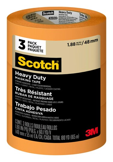 Scotch Heavy Duty Painter's Tape, 3 Rolls, 1.88 in x 60.1 yd, for Use On Vinyl, Carpet, Metal, &amp; Plastic, Indoor &amp; Outdoor Masking Tape, Bonds Aggressively, 3-Day Clean Removal (2020+-48EP3)