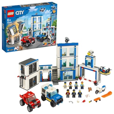 LEGO 60246 City Police Station Building Set with 2 Truck Toys, Light &amp; Sound Bricks, Drone and Motorbike